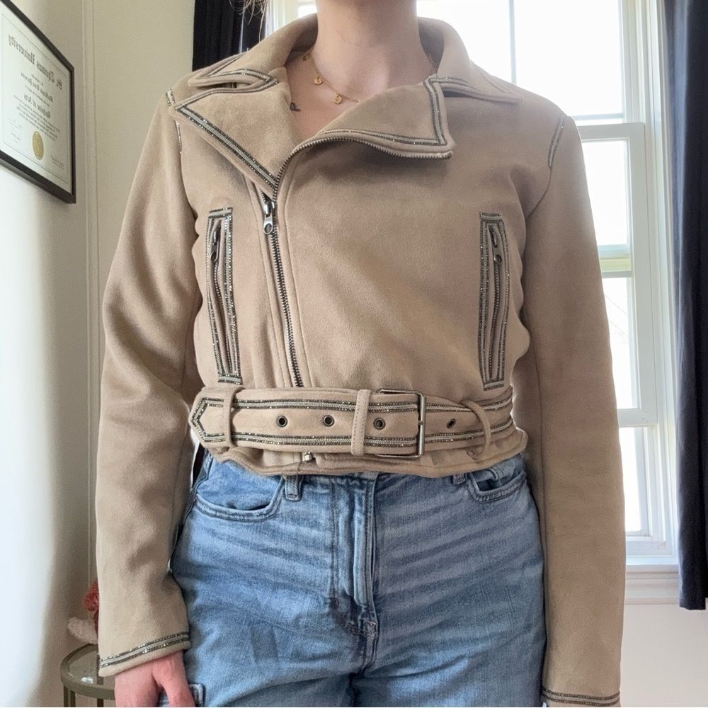 Zara Faux Suede Moto Jacket with Rhinestone Trim & Belt
